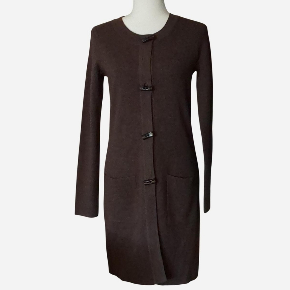 Ellen Tracy Womens Merino Wool Blend Cardigan Sz Small Brown Long Toggle Button